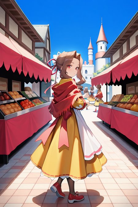 masterpiece, very aesthetic, absurdres, best quality, amazing quality, high resolution, <lora:illustrious_quality_modifiers_masterpieces_v1:0.8> , <lora:ChamIllustriousBackgroundEnhancer:0.5>,   <lora:MistelIL:0.8> , misdef, 1girl, long hair, long sidelocks, drill sidelocks, brown hair, red eyes, bun cover, hair ornament, single hair bun, hair ribbon, ribbon, dress, yellow shirt, sleeves past elbows, frilled sleeves, yellow skirt, red shawl, back bow, white apron, apron, apron over yellow shirt, pantyhose, red shoes, full body, market, marketplace, walking, from side, exterior, beautiful day, blue sky, castle, looking at viewer,