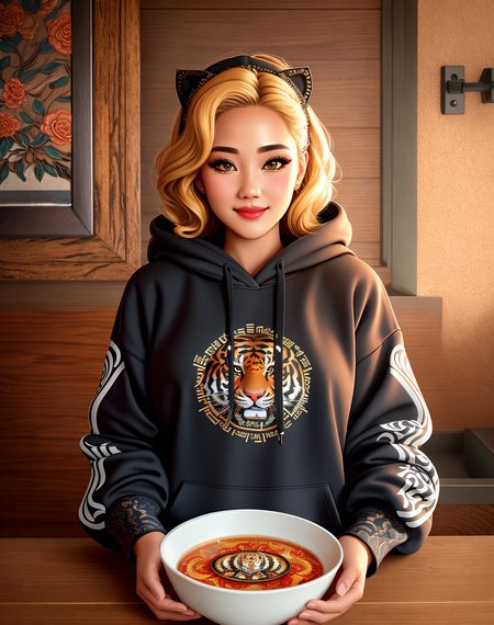 Masterpiece, absurdres,award winning photo, extremely detailed, amazing, fine detail, extremely detailed eyes and face, by lee jeffries nikon d850 film stock photograph 4 kodak portra 400 camera f1.6 lens rich colors hyper realistic lifelike texture dramatic lighting unrealengine trending on artstation cinestill 800 tungsten, beautiful blonde woman , slim, tiny waist, smiling, excited

<lora:HoodiesLoRA:0.675>,hoodie, a woman posing for a picture ,chinese style, intricate tiger print and embroidery, wearing hoodie,