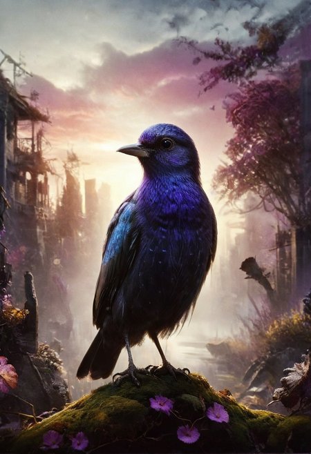 ral-apoctvisn, dark, chiaroscuro, low-key, breathtaking masterpiece showcasing a gorgeous little bird, Violet-crowned nymph,  bathed in soft, golden morning light, surrounded by vibrant bokeh balls that frame its delicate form. The image will be rendered in sharp detail, capturing every feather and intricate feature of the bird with stunning clarity. The soft, diffused lighting will enhance the warmth and radiance of its plumage, while high-quality bokeh adds a magical touch to the scene. Multiple image exposures will be expertly combined to emphasize the bird's vibrant colors and captivating gaze, resulting in a lifelike portrayal of tranquil beauty.
The artwork will feature shimmering digital colors in a mixed media style on textured paper, creating an overlapping, asymmetrical, abstract composition bursting with vibrant hues. Every inch of the image will be filled with intricate details, from the feathers of the nymph to the surrounding environment, all depicted in extreme detail. The wide range of colors will add depth and richness to the scene, with soft shadows and low saturation tones creating a serene yet evocative atmosphere.
With insane quality, resolution, and details, the final image will be a true masterpiece of nature photography, showcasing dramatic, dynamic, and cinematic elements. The sharp details will bring the scene to life, immersing viewers in the beauty and wonder of the Violet-crowned nymph in a way that is both breathtaking and captivating.