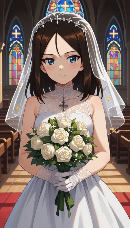 score_9, score_8_up, score_7_up, source_anime, ,
 <lora:GUPNonna:0.8> gupnonna, nonna (girls und panzer), long hair, blue eyes, swept bangs, black hair,indoors, church, stained glass, whie veil, laced gloves, upper body, close portrait church, holding bouquet, (confetti:1.1), smile, white dress, wedding dress, church, holding bouquet, (confetti:1.1)