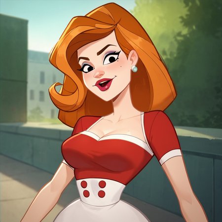 score_9, score_8_up, score_7_up, 1girl, Ginger, orange hair, black eyes, makeup, lipstick, earrings, medium breasts, narrow waist, wide hips, looking at viewer, highres, high quality, masterpiece, <lora:Ginger:0.8>