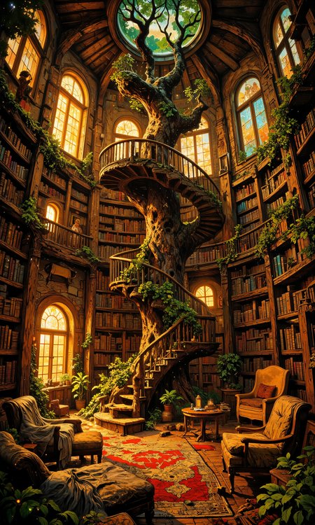 Whimsical treehouse library, nestled high in ancient oak branches, warm golden light filtering through stained glass windows. Cozy reading nooks with plush cushions and handwoven blankets line curved walls. Floating bookshelves spiral upwards, filled with leather-bound tomes. A wrought-iron spiral staircase winds around a central trunk. Magical ambiance, fireflies dancing outside arched windows. Soft, warm color palette of rich browns, deep greens, and muted golds. Intricate wood carvings, fairy lights strung across beamed ceilings. Overstuffed armchairs invite quiet contemplation. Lush foliage peeks through open windows, merging interior and nature. 8k resolution, hyper-detailed textures, soft ambient lighting. <lora:Vintage comic book:0.6> <lora:Memadukan_Brush_Strokes_of_Fineart:0.5> <lora:FluxMythR3alisticF:0.4> <lora:dreadmirth-art-style:0.8> <lora:flux_dev:1>