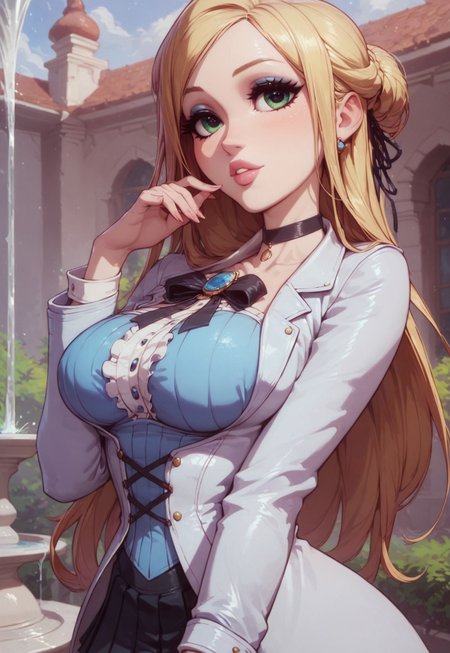 safe_pos, sexy 20 year old, ((long blonde hair)), thick puffy lips, ((thick glossy lips)), bold makeup, long eyelashes, bold eyeliner, hourglass figure, large breast, perky breast, adventurer, sorceress, researcher, ((blue corset shirt), ((long white jacket)),  ((black pleated skirt)), ((black ribbon choker)), sorceress, oily skin, flirty, feminine, girly, seductive, alluring, ((flirting)), white skin, detailed eyes, ((big expressive light green eyes)), feminine posture, arched back, score_9, score_8_up, score_8, park fountain