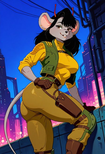 CarbineBMFM, 1girl, solo, furry female, anthro, mouse, grey fur, grey skin, animal ears, red antennae, black hair, long hair, bangs, brown eyes, black snout, scar on face, incisors, teeth, earrings, ear piercing, large breast, thick thighs, mouse tail,  green vest, yellow turtleneck, elbow length sleeves, brown gloves, belt, light brown pants, brown boots, military uniform, holster, knee pads,
,seductive pose, sexy pose, tease, 
masterpiece, best quality, fine details, intricate details, depth of field, subsurface scattering, bokeh,
 ultra-detailed, very aesthetic, detailed background, newest, scenery, highres, absurdres, colorful, vibrant, glowing, perfect face, 2d, perfect eyes,  vibrant saturated colors, volumetric lighting, sharp, detailed eyes, perfect anatomy,  perfect face, perfect eyes, mature body, clear eyes, beautiful eyes, athletic, curvy body, athletic girl, perky tits, perfect tits, round breasts, pinup pose, teasing, lustful expression, perfect hands, 
muscular female, dutch angle, 
naughty smile,dat ass, ass focus, huge butt,
,Smooth Negative, Smooth_Quality,
90s_anime_aesthetic, 1990s (style), retro_artstyle, retro, cyberpunk