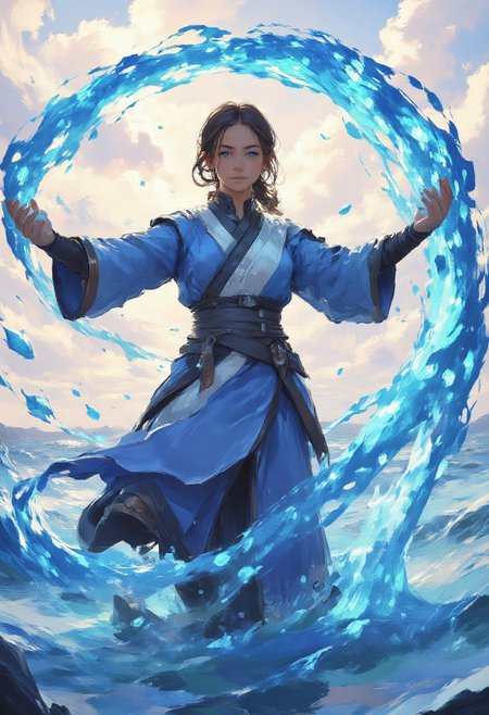 This is a digital drawing in a stylized, semi-realistic anime-inspired art style. The scene depicts Katara, a young woman with a warm, inviting smile
Katara has light brown skin and light blue eyes. Her hair is brown. She is looking directly at the viewer, stands in the water,
She is dressed in a traditional blue robe with a white sash tied around the waist, digital illustration, DreamArt, A powerful and graceful waterbending heroine, an alluring vixen, inspired by Katara from the Avatar series,She stands in a dynamic action pose, surrounded by swirling gusts of water, The setting features vibrant skies, with the wind creating intricate patterns in the air around her, emphasizing her connection to nature and the elements