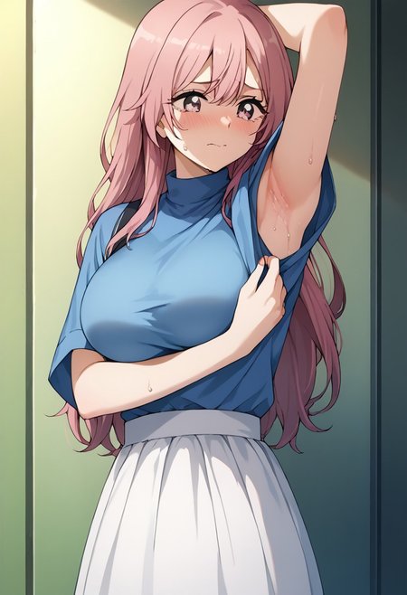 Masterpiece, Highest Quality, Score_9, Score_8_up, Score_7_up, source_anime. anime style. masterpiece, highres, absurdres. Best resolution.
shinju inui, long hair, pink hair, pink eyes, large breasts, skirt, shirt, short sleeves, white skirt, blue shirt, embarrassed. 
sweat. crying face.
pulling clothes to show armpit. hold clothes with one hand. armpit