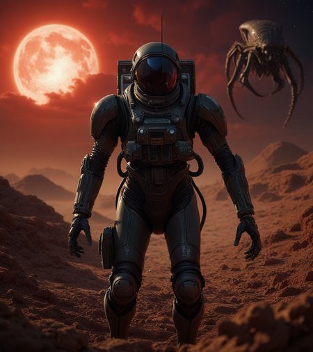 Stable_Yogis_Illustrious_Positives,  EZRealPONYXL,  young female astronaut stands on the martian ground, futuristic style, futuristic, fantastic, outdoors, red sky, red terrain, Mars, foggy, clouds, rocks, space station, futuristic city, rover, holding laser gun, outdoors, insane details, best quality, cinematic lights, cinematic shadows, tension, insane details, OverallDetail, closeup,   an alien xenomorph behind the austronaut <lora:add-detail-xl:1.4>
