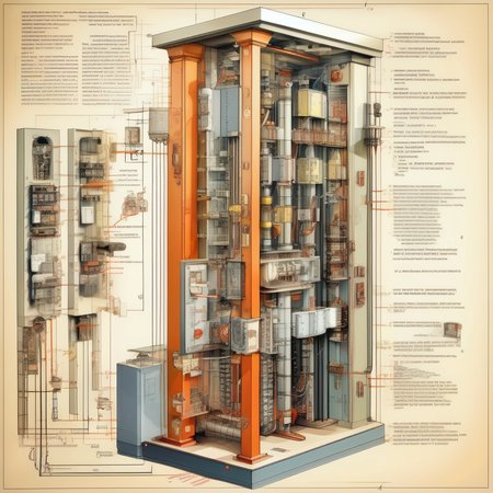 <lora:Isometric Cutaway:1>,Isometric Cutaway ,The electrical schematic diagram of the elevator is explained and the role of each electrical circuit is explained.