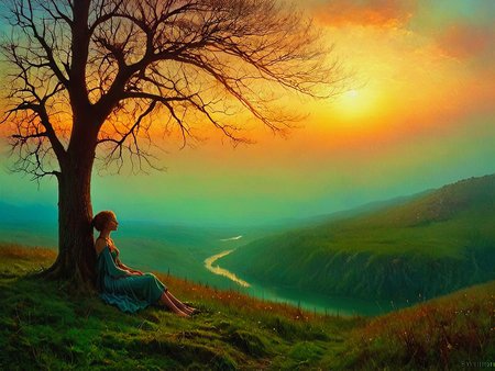 Dreaming. Perchance to sleep. Nature bound in dreams, above her sleeping form. Resting in the crutch of a tree, overlooking a verdant valley.

Fantasy style. Fantasy dreamlike art. Sunset.

<lora:Tonalism01b_CE_XL_300-OT:0.8> tnlsmCE_style