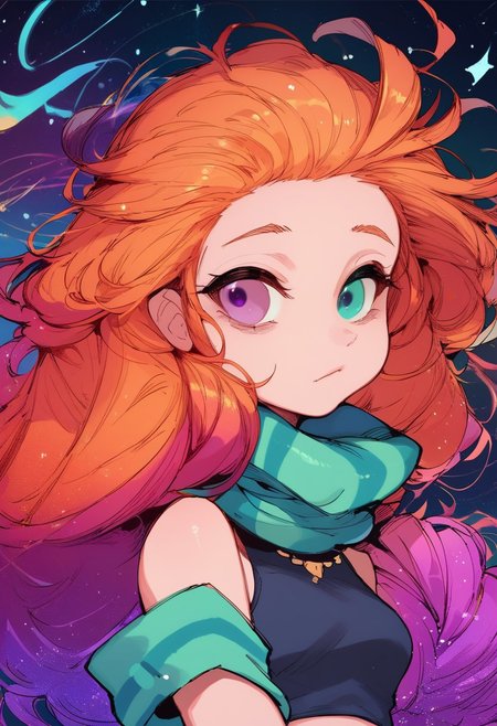 score_9, score_8_up, score_7_up, score_6_up,1girl, solo,purple eyes, (blue eye:1.1), heterochromia, 
ZoeLoLXL, orange hair, multicolored hair, gradient hair, long hair, single braid,forehead, green scarf, striped scarf, bare shoulders, blue midriff, necklace, armlet, bracelet,  thatching \(texture\),
thin, petite, starry background, stars, outer space, short girl, , colorful background,  Zoe/lol/, long flowing hair,  abstract background,  
portrait, happy,(looking_down:1.3)