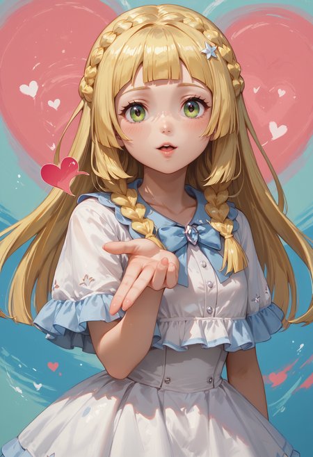 score_9,score_8_up,score_7_up,high quality,highres,masterpiece,abstract background,(((hearts))),heart,multicolored background,colorful,<lora:frieren_blowing_a_kiss_pony>,blowing kiss,heart,<lora:Lillie:0.8>,LillieUAI,<lora:Expressive_H:0.8>,ExpressiveH,<lora:add-detail-xl:2>,âââ,âââ