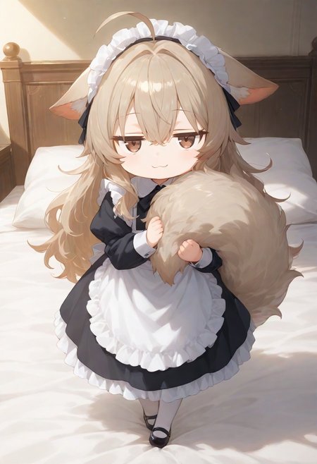 masterpiece, best quality, amazing quality, very aesthetic, absurdres, newest, [anime screencap], [calm colors], 1girl, chibi, solo, tsurime, long hair, dark blonde hair, wolf ears, ears down, brown eyes, maid clothes, wolf tail, fluffy tail, hugging own tail, smug expression, (jitome eyes:1.4), looking at viewer, on bed, ahoge,, ricottestyle