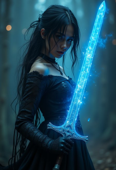 Detailed, masterpiece, professional, bold colors, awe inspiring, photography inspired by Jeremy Mann and Kelly McKernan, 30mm shot, action scene, HDR, bloodborne themed, epic atmosphere, female warrior against impossible odds, gloomy, Victorian era, holding cosmic infused lovecraftian sword, feminine, inspired by Agnes Cecile, etched sword, blue glowing aura, cosmic eyes