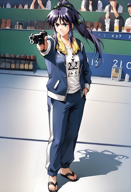 score_9, score_8_up, score_7_up, best quality, intricate details, source_anime, BREAK 1girl, solo, takabe, yellow towel around neck,open towel,  dark blue track jacket, open clothes,  white shirt, tucked in, dark blue track pants, black sandals, standing,  holding weapon, holding gun, handgun, hand in pocket, aiming, <lora:YusufDikecGunPose_pdxl_Incrs_v1:1>, detail face