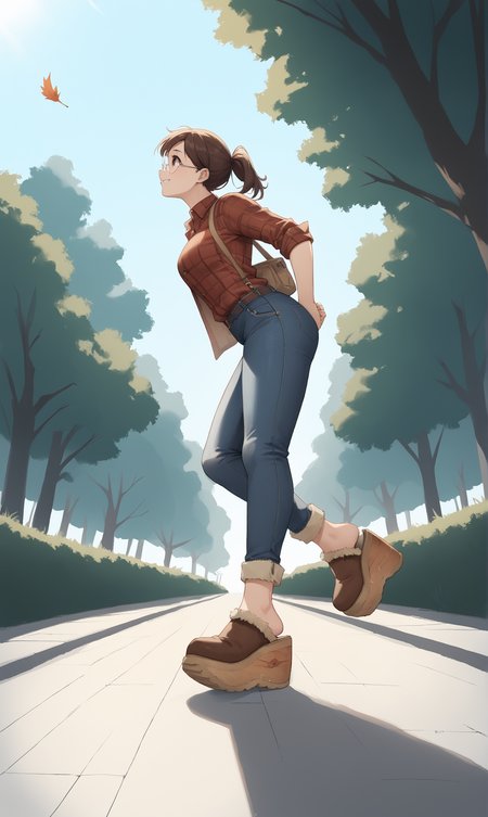 score_9, score_8_up, score_7_up, score_6_up, source_anime,
low angle, from below, from side,
autumn, outdoors, park,
1girl, 
walking, arms out, looking up, happy,
flannel shirt, jeans, round glasses, ponytail, brown hair,
sherpa clogs, platform footwear,
embedding:zPDXLrl ,
embedding:zPDXL2 ,