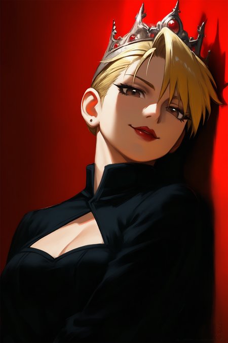 1girl, riza hawkeye, fullmetal alchemist, oil painting \(medium\), sensitive, 

head tilt, pointed crown, crown, headpiece, queen,  

brown eyes, black eyeliner, makeup,

parted lips, looking at viewer, looking down, seductive smile, red lipstick, red lips,

black clothing, long sleeves, triangle cleavage cutout, 

dominant, femdom, 

upper body, solo, against wall, 

best quality, very awa, highres, newest