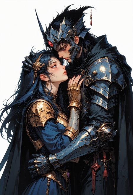 score_9, score_8_up, score_7_up, 1boy, side view, 1girl, very long hair, hug, half-closed eyes, tears, hand on head, embrace, looking at one another, ribcage,  princess, hair ornament, simple background, white background,  cowboy shot, black cape, spot color, armor, helmet, shoulder armor, gauntlets, pauldrons, breastplate, full armor, ambiguous gender, flat, retro, dated, f3nn3r, dark theme, gloomy, <lora:sdxl_lightning_8step_lora:1> <lora:Art_Adams_Style_Pony_XL:0.4> <lora:Dark_Anime:0.2> <lora:glowneon_xl_v1:0.4> <lora:nostalgia-000011:0.4>   <lora:Sinozick2:0.4>   <lora:f3nn3rXLP:0.5>  <lora:GRIM_v1:0.2>