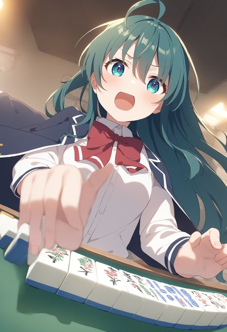 1girl,sincos, ningen mame, toosaka asagi,solo,medium breasts,school uniform,
mahjong, mahjong tile, mahjong table, board game, playing games,<lora:mahjong_XL_v1:1.0>
ceiling, cinematic angle, looking ahead, water eye, open mouth,green hair,  aqua eyes,
best quality, very aesthetic, absurdres,