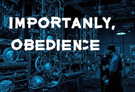 the words 'IMPORTANTLY, OBEDIENCE' written in large font fills the front of frame. In the back of frame weird man with in a dark room with checkerboard blue lotus PEOPLE ARE trapped inside machinery, people crushed inside mechanical gears, high gore arms crushed and bent, signs of wailing, people in business suits trapped in machinery. floors with blood on the ground with a white interior cyber tech electricity electical circuits illuminati symbols with brains and vaginas with high technology alchemical background lightning bolts