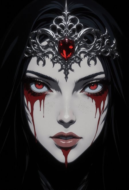 A close-up of a pale womanâs face with smooth white skin. Her lips are dark red and glossy, slightly parted to reveal white teeth. Her eyes are deep red, appearing as if blood is streaming from them. Blood trickles down from the eyes in thick, shiny streams. She is wearing a silver, intricately detailed tiara adorned with a single red gem at the center of her forehead. The tiaraâs design flows around her head, blending with the dark, black hood that surrounds her face. Her expression is solemn, yet hauntingly beautiful. The lighting highlights the contrast between her pale skin and the dark elements of her clothing. The background is a deep black, enhancing the intensity of her features and the overall mood of the image. The overall style is hyper-realistic, with a gothic, dark fantasy atmosphere.    <lora:anime_martzv2:0.53> anime_martz,  <lora:FLUX-daubrez-DB4RZ:0.33> DB4RZ, DB4RZ style painting, <lora:NeonFantasyFLUX:0.73> ne0nfant4sy,