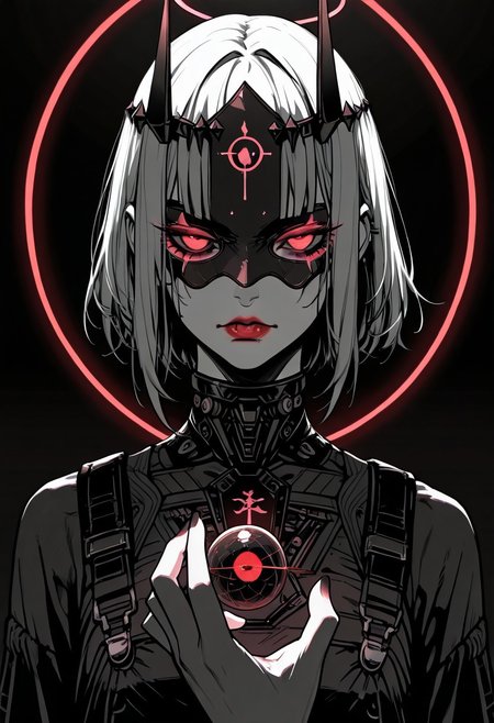 masterpiece, best quality,high quality, newest, highres,absurdres, androgynous figure against a solid black background. The subject is adorned in a futuristic, geometric costume with bold color combinations. The costume is primarily composed of horizontal black and white stripes, which create a stark contrast against the figure's pale skin. The headpiece is a large, circular shape with a gradient from red at the outer edge to white at the center, resembling a halo. The figure's face is painted in a dramatic, almost mask-like style, with a white base and striking red lips. The makeup around the red glowing eyes is heavily accentuated, giving a bold, almost exaggerated appearance. The overall aesthetic is minimalistic yet highly impactful, with a focus on clean lines and bold color contrasts. The image's lighting is carefully controlled, casting subtle shadows that accentuate the contours of the costume and the figure's features. The texture of the costume appears smooth and glossy, enhancing the futuristic and otherworldly feel of the artwork. The composition is symmetrical, with the figure centered and the headpiece extending beyond the frame, drawing the viewer's attention to the central subject. white sphere on the background, dark_theme,soft lighting,g0th1c, glowing, neon lights, glowing eyes