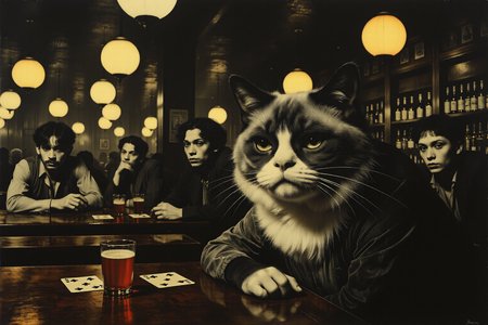 Grumpy cat leans against a bar, his eyes narrowed as he watches a group of men playing cards. His lips curl into a knowing smile . The bar is smoky, dimly lit, and filled with dangerous characters  <lora:schnell_v1.0:1.0> <lora:Moody_Time:0.8>