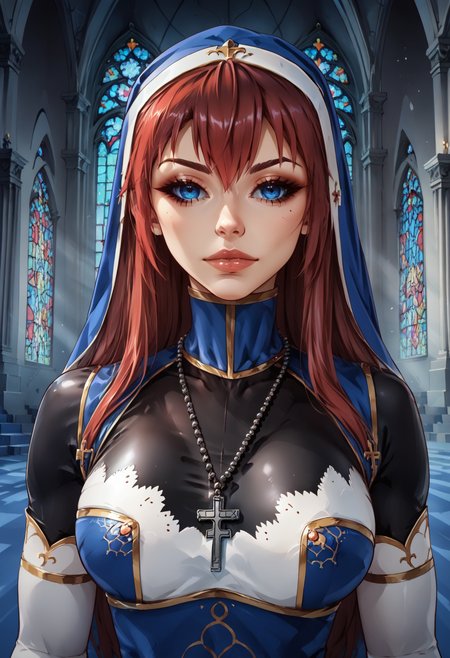 score_9, score_8_up, score_7_up, score_6_up, score_5_up, score_4_up, source_anime,  BREAK
,portrait,, 1girl,battleNun, cross necklace, habit, red hair, blue eyes, <lora:battleNunPony:1>,
BREAK
 gothic church , detailed background, ,