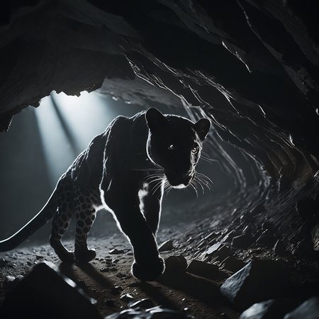 award winning dramatic photograph of (((black leopard))) hunting in (dark) cave with beautiful crystals, interesting beams of light, stark shadows