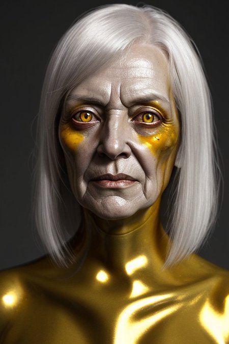 old woman with metal silver hair, yellow-amber slime skin, and ruby eyes,