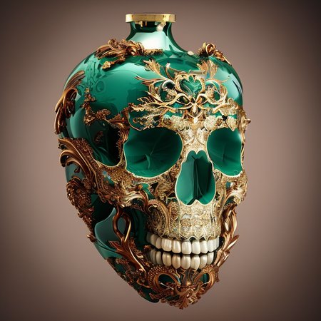 heartart human skull, made out of ivory and gold and jade and ornaments, extremely detailed, 3d, octane render, photohelper, vray
