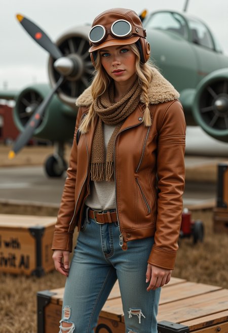 She is approximately 18 years old.she is standing, a vintage aircraft is in the background.  Hyperrealism, she is looking at the camera, (dynamic angles), headshots of a beautiful, stunning unique female character.  she has blonde hair. her eyes are filled with joy and excitement, extravagant eyelashes, a photo of Anastasia, a woman with blue eyes, wearing a brown leather jacket and a brown hat with goggles and leather jeans, posing for the camera. She is wearing a scarf and has a braid. The photo is in a sepia tone, giving it a vintage feel. The background is blurry, focusing on Anastasia as the main subject. She has a slight smile on her face and is looking directly at the camera. making this image a masterpiece of photography and digital art. realistic. making this image a masterpiece of photography and digital art. Style: realistic hyper-detailed rendering, 32k UHD, expressive eyes, punk, graphic design, girl's face, pretty and cute, gleaming lips, telling a tale of adventure. Exuding confidence and serenity. The overall mood of the image is happy and relaxed,detailed skin texture,(blush:0.2),(goosebumps:0.3),subsurface scattering,whimsical,Detailed hand, Perfect hand. Perfection style. is posing on a large wooden crate. On the crate is written "fly with CivitAI". she is wearing white sneakers. She is wearing a denim jeans. The scene is set outdoors, with a vintage plane visible in the background. The photo is taken in a close-up shot, focusing on  Anastasia legs and feet.. making this image a masterpiece of photography and digital art. realistic. making this image a masterpiece of photography and digital art. Style: realistic hyper-detailed rendering, 32k UHD, expressive eyes, punk, graphic design, girl's face, pretty and cute, gleaming lips, telling a tale of adventure. Exuding confidence and serenity. The overall mood of the image is happy and relaxed,detailed skin texture,(blush:0.2),(goosebumps:0.3),subsurface scattering,whimsical,Detailed hand, Perfect hand. Perfection style.