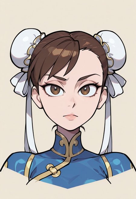 {{masterpiece,best quality,amazing quality,absurdres}}, {{flat shading, cel shading}}, 
BREAK
1girl, solo, simple background, portrait, upper body, looking at viewer, chun li