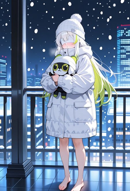masterpiece, best quality, amazing quality, highres, high resolution, solo, score_9, score_8_up, score_7_up,  1girl, long hair, white hair, light green highlights, white bandages, bandages over eyes, long brilliant white fur jacket, barefoot, white beanie, standing, holding a doll, snowing city, nighttime,