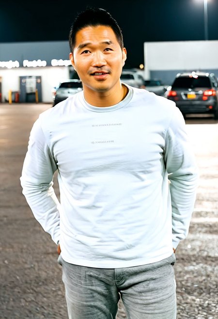 (((htkangface))), daddy,  natural face expression, (((detailed HtKangface))), fixed htKangface Photorealistic, realistic, masterpiece, intricate details, detailed background, depth of field, photo of a handsome, dynamic pose, natural face expression, (((looking at viewer))), high detail, high quality, male focus,  ((white shirt)), ((pants)), (( parking area background)), full body, ((night))
