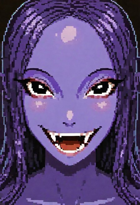 pixeldream, Expressiveh, 1girl, long hair, black eyes, alien girl, purple skin, close up portrait, smile, fangs