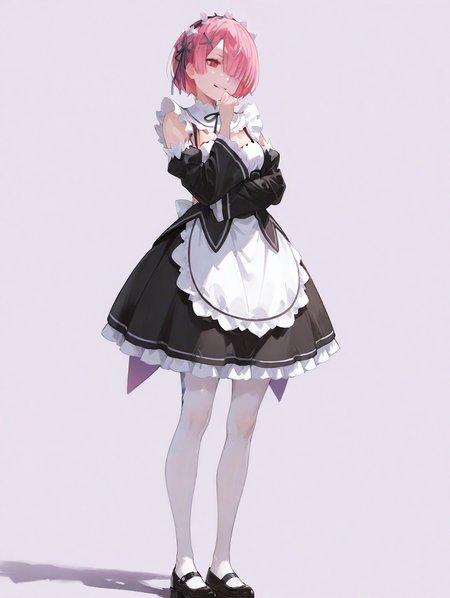 perfect quality,high quality,masterpiece,best quality,amazing quality,very aesthetic,absurdres,Cinematic Lighting,newest,Tactical use of shadow,
front view,full_shot,Smirk,
RAMCYQL,1girl,solo,short hair,bangs,pink hair,hair over one eye,red eyes,hair ornament,x hair ornament,maid headdress,ribbon,hair ribbon,purple ribbon,maid,roswaal mansion maid uniform,black dress,detached sleeves,long sleeves,apron,waist apron,white apron,frills,pantyhose,white pantyhose,mary janes,black footwear,cleavage,
full body,standing,covering_mouth,,
lavender background,simple background,
<lora:ponyv4_noob1_2_adamW:0.7>,<lora:spo_sdxl_10ep_4k-data_lora_webui:0.6>,<lora:USNR STYLE_XL_loha:0.45>,<lora:illustrious_all_rated_v1:0.7>,<lora:96YOTTEA-WAI:0.8>,,<lora:RAMCYQL:1>,