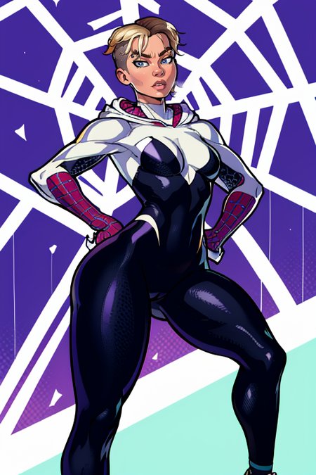 masterpiece,best quality,extreme detail,8k,image sharpness,<lora:Gwen:1>,gwendolyn,1girl,solo,breasts,looking at viewer,short hair,blue eyes,blonde hair,medium breasts,standing,full body,ass,parted lips,shoes,hood,lips,hand on hip,bodysuit,piercing,hood down,sneakers,skin tight,purple background,asymmetrical hair,undercut,superhero,spider web print,eyebrow piercing,hooded bodysuit,