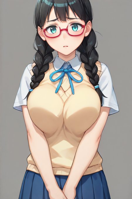 score_9, score_8_up, score_7_up, source_anime, rating_safe, intricate details, anime screencap, official style, <lora:PONY_Megumi:1>, megumi, aqua eyes, glasses, black hair, twin braids, large breasts, pleated skirt, blue skirt, short sleeves, sweater vest, blush, embarrased, looking at viewer, hair over shoulders, frontal view, simple background, parted lips, navel, breast squeezed together, hands pushing boobs together, <lora:sdxl_lightning_8step_lora:1>
