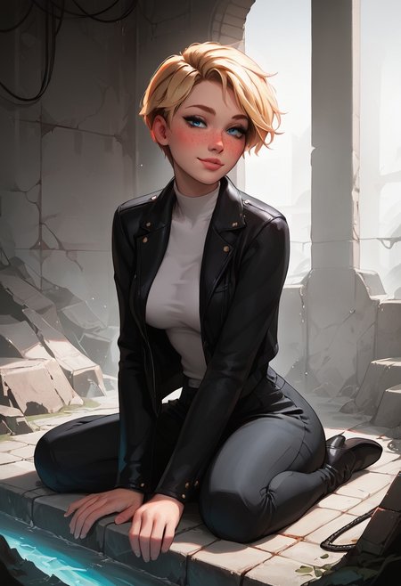 score_9, score_8_up, score_7_up, score_6_up, score_5_up, score_4_up, 1girl, mischievous, fit woman, 29 year old, face focus, blush, blonde, short pixie hair, hair shaved off, beautiful face, blue eyes, toned, wide hips, slender, perfect medium breasts, freckles, nice butt, (realistic lighting, natural lighting, soft lighting, subsurface scattering,):1.3), beautiful, (blue eyes), detailed face, realistic face, make up, sm eyeshadow, long eyelashes, eyeliner,full lips, perfect hands, great view,pose, skindentation, freckles, jewelry, full lips, fit woman, Expressiveh, hourglass body shape, smiling, 
Black suit jacket, black pants, white shirt,
ruanyi0826,ruins,water,cable,indoors,drainpipe, (underground tunnels:1.2), sitting
glowing, neon
