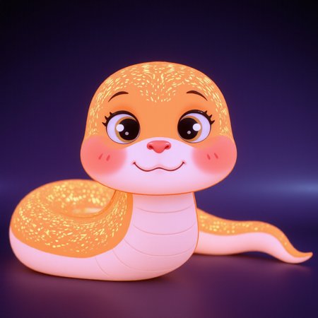 shebaobao, neouv, a cartoon baby snake with glowing illuminated iridescent scales.  <lora:shebaobao_flux_snake_Cartoon_v2.safetensors:1.0>