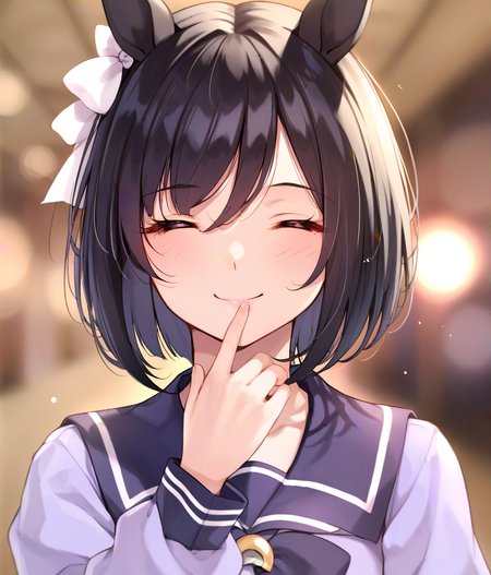 score_9, score_8_up, score_7_up, source_anime, 2D, anime BREAK
tracen_uniform, 1girl, solo, blush, smile, short hair, bangs, shirt, black hair, long sleeves, bow, animal ears, hair between eyes, closed mouth, school uniform, closed eyes, upper body, bowtie, sailor collar, blurry, blurry background, bob cut, horse ears, horse girl, facing viewer, purple shirt, tracen school uniform,
<lora:eishin_flash-ponyXL:1>,