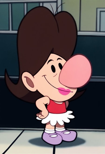 score_9, score_8_up, score_7_up BREAK BlandyGrim, 1girl, brown hair, black eyes, big pink nose, fuchsia lipstick, red tank top, white skirt, socks, light purple mary jane shoes, full body, smiling at viewer,