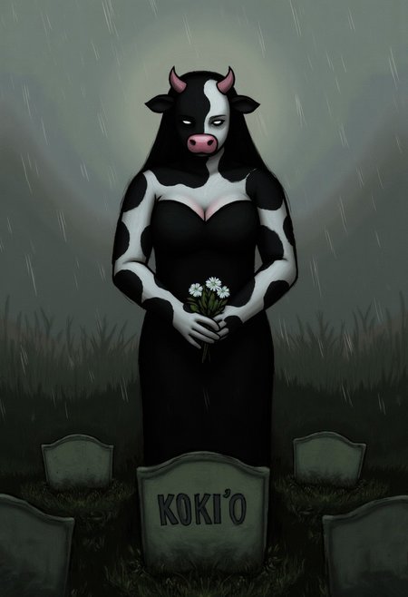 This is a digital painting by Luke Chueh featuring a stylized, anthropomorphic busty cow woman with classic black-and-white patterned cow skin, standing before a gravestone with the phrase "KOKI'O" carved into it. She wears a completely black funeral dress with a plunging neckline a small black see-through veil in front of her face.
She holds a small bouquet of white flower in front of her body with both hands. The overall mood of the picture is sad and mourning, with a slight rain falling on the overcast out-of-focus graveyard background.