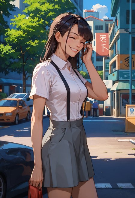 score_9, score_8_up, score_7_up, score_6_up, score_5_up, score_4_up, 1girl, street, suspender skirt, shirt, suspenders, grey skirt, grey suspenders, black hair, view from side, light smile, adjusting hair, 
 <lora:lostreak_chickenV2_epoch_6:1>