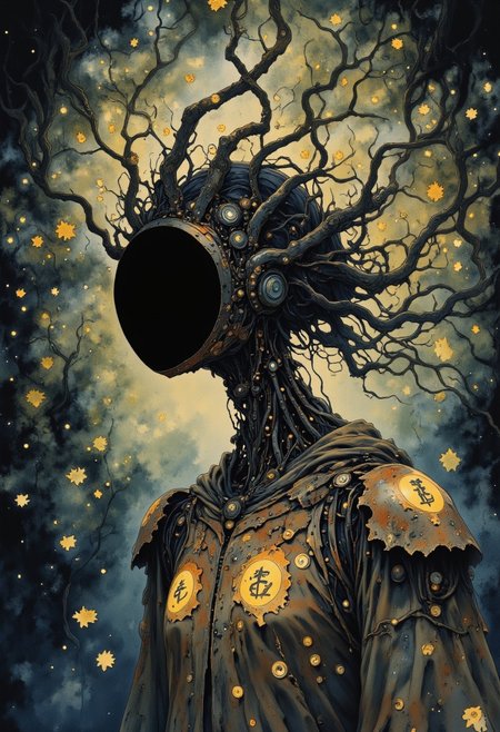 Studio Ghibli Dark Fairytale, intricate cyborg, Portrait of a female robotic entity with long, flowing hair made of twisted, gnarled branches, black hollow eerie head, no face, dark moody, eerie forest background, autumnal decay, golden leaves floating in the air,  
gothic steampunk influences, organic-mechanical fusion, glowing runes embedded in her wooden frame, delicate but unsettling presence, oil painting textures, cinematic lighting, deep shadows, warm but melancholic glow, mystery and sorrow intertwined