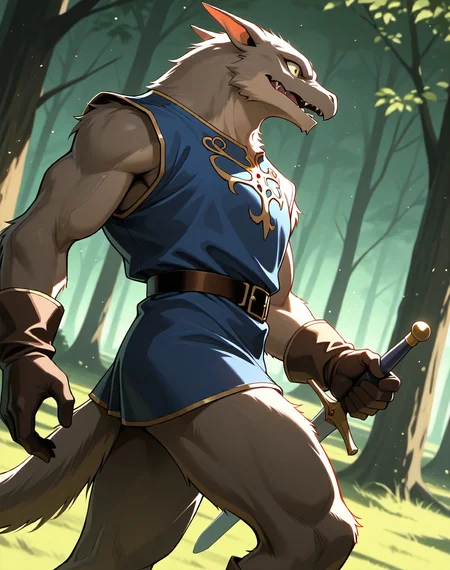 <lora:Kobold_(Record_of_Lodoss_War)_(Illustrious)_(AD):0.85> kobold, muscular, Record of Lodoss War, 
dutch angle, exterior, battleground, dynamic action, dutch angle, fantasy forest, nature landscape, 
kobold soldier, no pants, fur tail, furry body, cowboy shot, sword, bent leg, twisted torso, male chest focus, 
BREAKvery awe, aesthetically pleasing, masterpiece, best quality, amazing quality, very aesthetic, perfect depth of field shot, masterclass color theory, in'ei, gradient style coloring, source_anime, masterclass anime, 
Smooth Quality, lazympos, IllustQualXL_Pos,