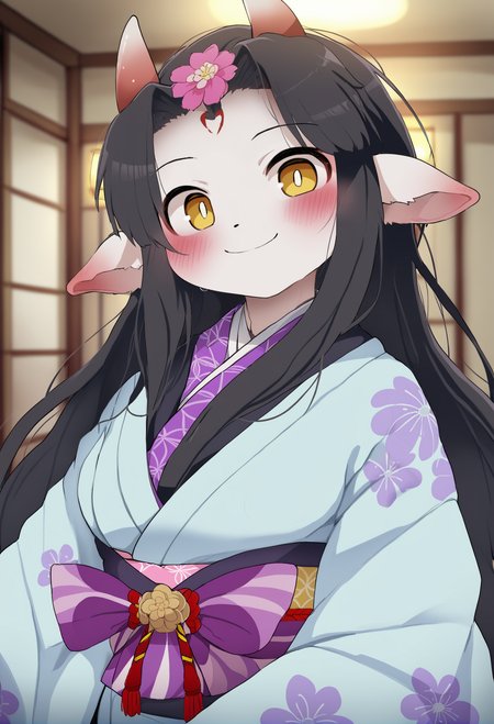 masterpiece, hyper detailed, best quality,(furry:1.3),1girl, solo, horns, japanese clothes, smile, long hair, black hair, yellow eyes, looking at viewer, kimono, blush, hair ornament, upper body, closed mouth, bangs, flower, indoors  ,<lora:DAGASIXLlokr8f-000188:0.95>