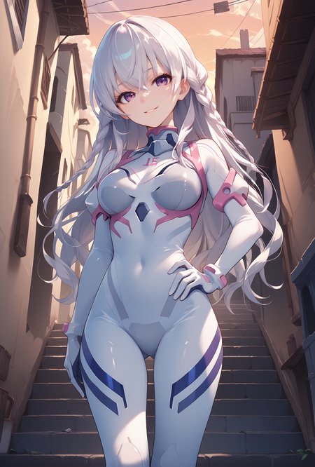score_9, score_8_up, score_7_up, score_6_up, score_5_up, score_4_up,anime source,
  Mai(Ensemble), purple eyes, braid, long hair, white hair, hair between eyes,smile,head tilt, 
Evasuit08, white bodysuit, multicolored bodysuit,
standing, hand on own hip,left arm at side, 
ruin city,alley,sunset,<lora:MaiXLPony:1>,<lora:Eva08XLPony:1>