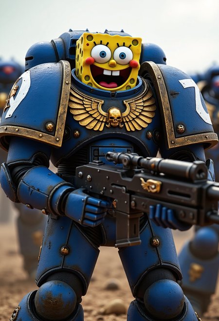 An Ultramarine torso clad in majestic, battle-scarred blue power armor, featuring the iconic gold Aquila and Ultramarines insignia, paired with massive pauldrons and intricate details. Instead of the expected grim helmet, the head of Spongebob sits hilariously atop the armor, laughing uncontrollably with his trademark wide grin, huge buck teeth, and bright, goofy eyes. His spongey head contrasts absurdly with the seriousness of the armor. In his oversized armored gauntlets, he clutches a massive, futuristic rifle that's comically too serious for his cheerful demeanor. 