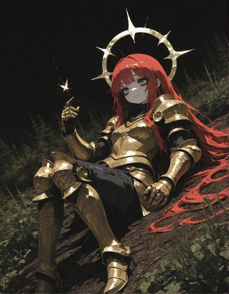 very dark background, nature background,
aGl0, surreal, horror theme,
flat colors, no lineart, dutch angle
1girl, solo, very long hair, red hair, grey eyes, thick eyelashes,
gold armor, floral armor, intricate details, pauldrons, gauntlets, hip armor, metal boots,
sorrow, gentle smile, 
golden ring background, halo, 
masterpiece, best quality, very aesthetic, absurdres, absurd detail, extremely detailed eyes, beautiful eyes,